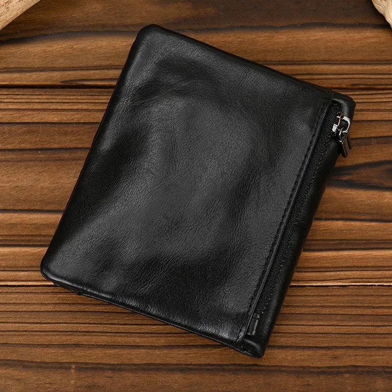 Cyflymder Genuine Leather Short Wallet Bifold Card Holder Short Purse Male Cow Leather Men's Coin Wallet Real Cowskin Zipper Wallet