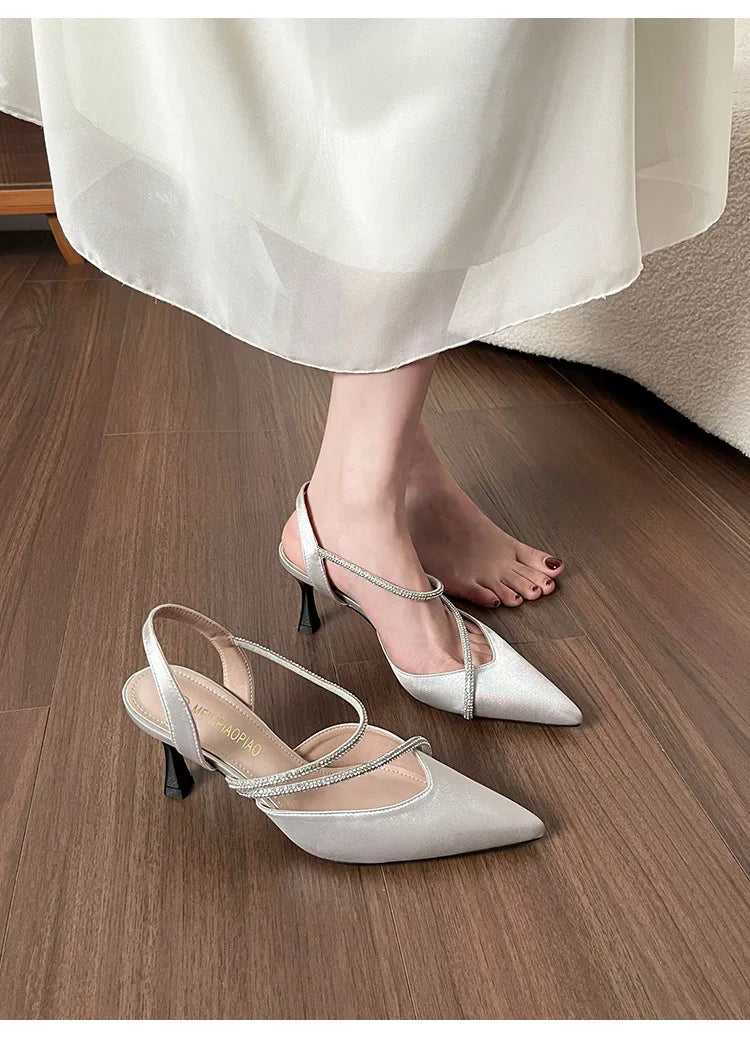 Cyflymder  Sandals Stiletto Heels Female Shoe 2025 Women's Mid-Calf Strap Riband Girls Comfort Beige New Pointed Spring Rhinestone High Clo
