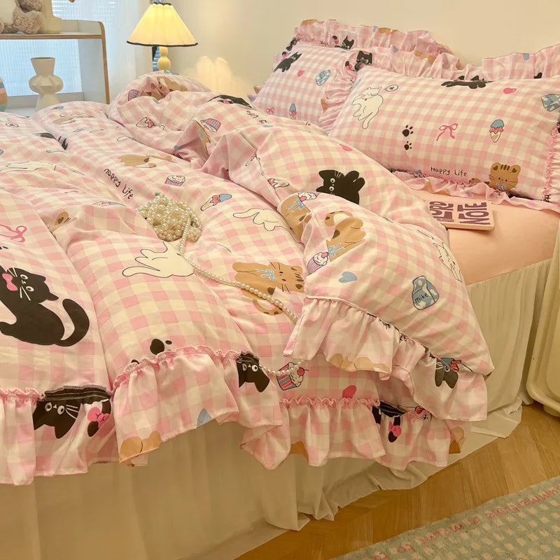 Cyflymder  Sweet Flower Printed Bed Skirt Bedding Set Skin Friendly Cotton Nude Sleeping Comforter Set Class-A Twin Single Home Textile