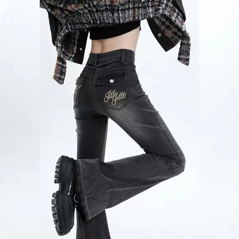 Cyflymder American High Street Spicy Girls Low Waist Jeans Women Autumn Vintage Y2k Design Sense Slim Fit Straight Tube Micro Flare Pants