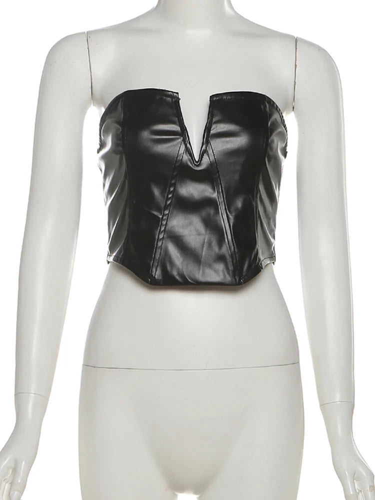 Cyflymder  Sexy Hottie Punk Pu 2-Piece Set Women Irregular Corset Top+Skinny Zip Shorts Matching Simple Street Hipster Clubwear