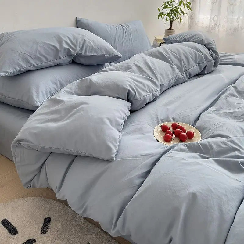 Cyflymder  INS Korean Style Fresh Blue Duvet Cover Washed Cotton Bed Sheet Bed Skirt Four-Piece Set Dormitory Simple Solid Color