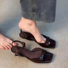 Cyflymder   French Vintage Simple Soft Leather Sandals Women's New Style Low Heel Hollow Out Roman Shoes Buckle Strap Slip-On Flats