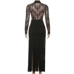 Cyflymder   Sexy See Through Mesh Lace Long Sleeve Shirts Top + Tassel High Waist Bodycon Maxi Skirts Women Fashion 2 Piece Set Party Suits