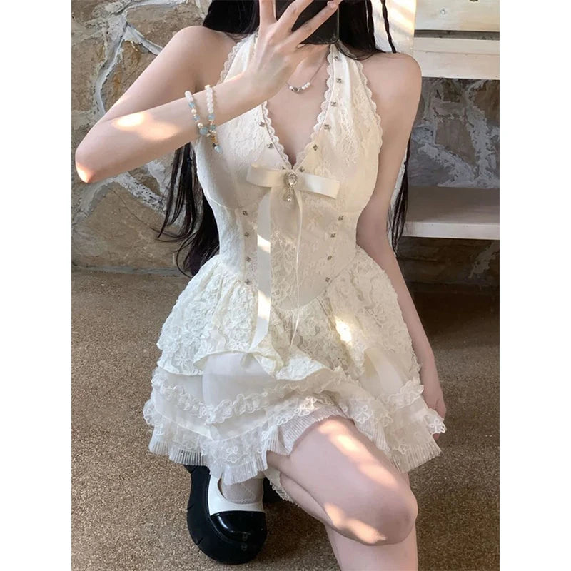 Cyflymder  Y2K Kawaii Mini Dress Women Fashion Party Lace Ruffles Patchwork Dresses Summer Korean Sexy Halter Bodycon Design Vestidos New