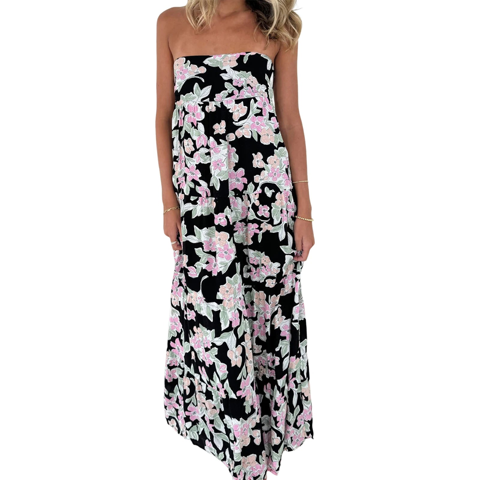Cyflymder  Elegant Off-Shoulder Maxi Dress with Boho Floral Print and Lace-Up Back Detail for Summer Wedding Party or Vacation Beachwear