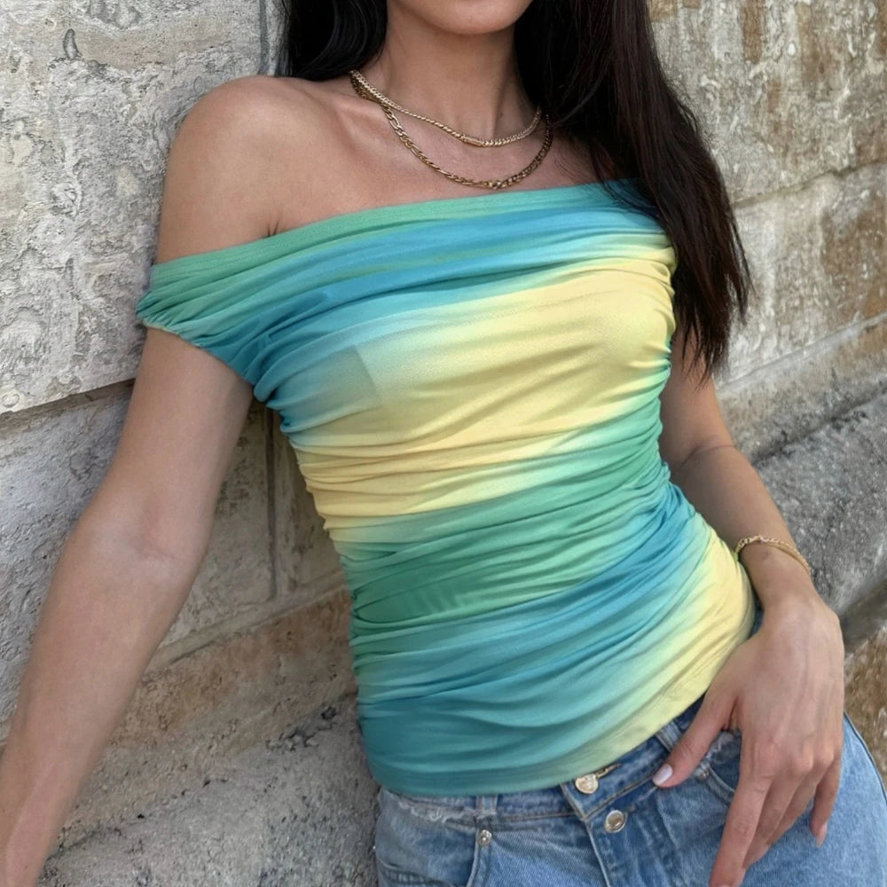 Cyflymder  Gradient Color Slimming Vest for Women Slash Neck Short Sleee Backless Fashionable Sexy Top Female Summer New Style