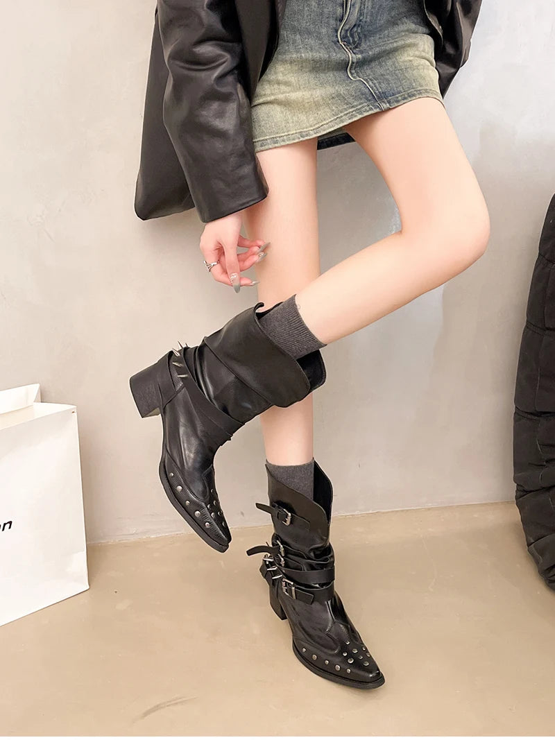Cyflymder  Vintage Rivet Hottie Woman Knight Boots Shoes 2025 Autumn Ladies Elegant Pointed Toe Thick Heel Western Cowboy Botas