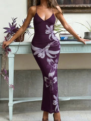 Cyflymder  2026 Women's Sexy Deep V Neck Sheer Floral Print Backless Spaghetti Strap Dress Summer Sleeveless Long Holiday Beach Dress