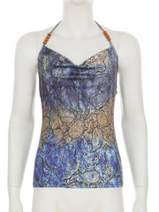 Cyflymder  Vintage Printed Backless Halter Top Sexy Slim Deep V-Neck Sleeveless Tank Tops Women Summer Fashion Streetwear Lady