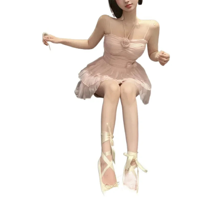Cyflymder  Ballet Style Off-Shoulder Strap Dress Women's Summer New Waist-Cinching Slimming Heavy-Work Design Short Cake Skirt Dress