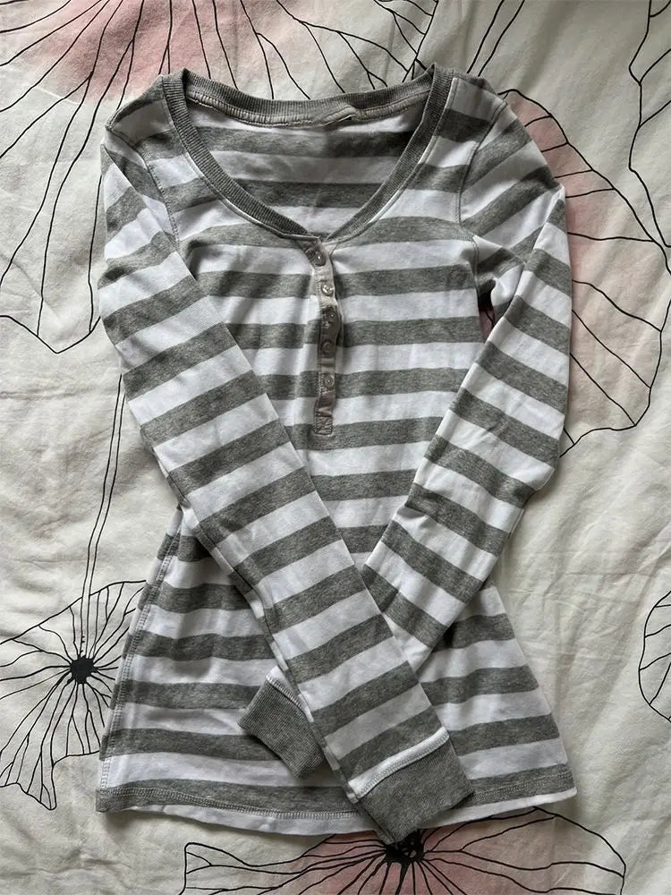 Cyflymder  Vintage Stripe T-shirt Slim Y2k Punk Goth Woman Clothes Button Crop Top Streetwear Harajuku Long Sleeves Fashion High Street 90s