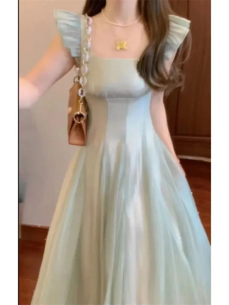 Cyflymder  Dresses Women Gradient Flying Sleeve Ruffles Bandage French Style Sweet Elegant Summer Fashion Dress Party Female