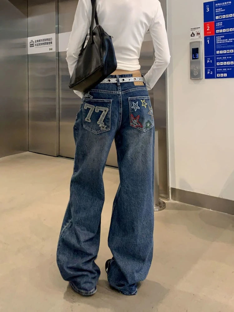 Cyflymder  Y2k Graphic Embroidery Women Jeans Harajuku Vintage Wide Leg High Waisted American Style Denim Pants Baggy Hip Hop