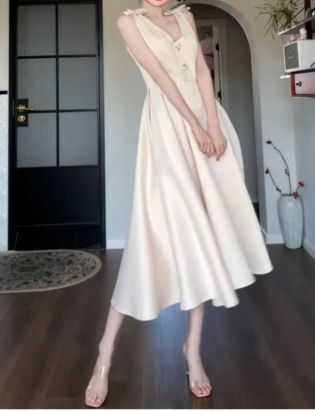 Cyflymder  Summer Champagne Bow A Line Dress Women Elegant Slim Waist Party Dress