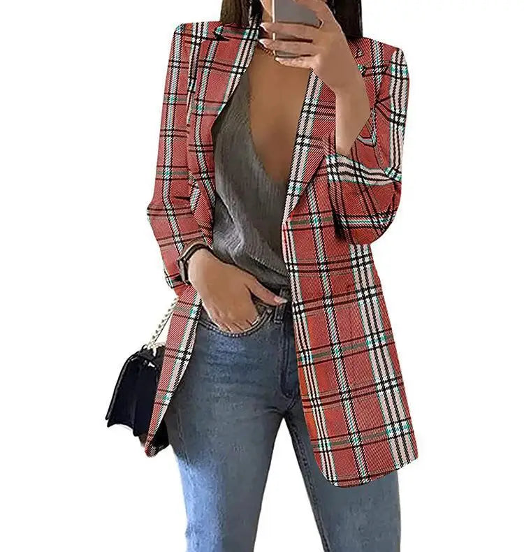 Cyflymder  Women's Faion Plaid Casual Suit Lapel Cardigan Jaet Slim Fit Long Sve Autumn Collection Ele Office Wear