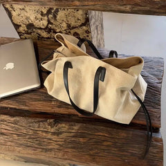 Cyflymder   Lightweight Large Capacity Multi-compartment Handbag Leisure Simple Zipper Tote Retro Suede Canvas Color-block Shoulder Bag