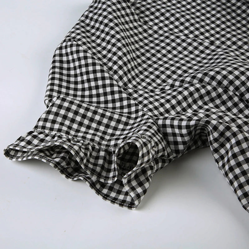Cyflymder  Casual Slim Plaid A-Line Dress Elegant Fashion Basic Deep V-Neck Short Sleeve Ruffles Mini Dresses For Women 2025 Summer