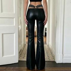 Cyflymder  Women Low Rise Faux Leather Flare Pants Rivet O-Ring Waist Decor Slim Bootcut Trousers Black Stretchy Clubwear Punk Style New