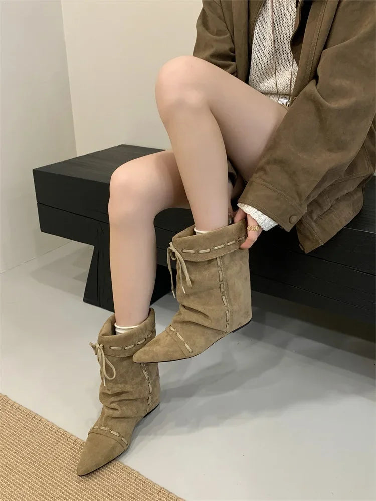 Cyflymder  Autumn Winter Soft Suede Pointed Toe Ankle Boots Women Fashion Lace Up Punk Style Modern Short Boots Ladies Wedges Party Heels