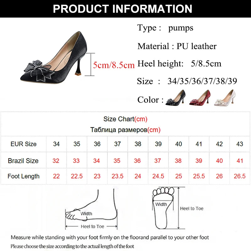 Cyflymder Rhinestone Bowtie Pointed Toe Women's Pumps New Spring Satin Bridal Wedding Shoes Shallow Woman Pumps Stiletto Red