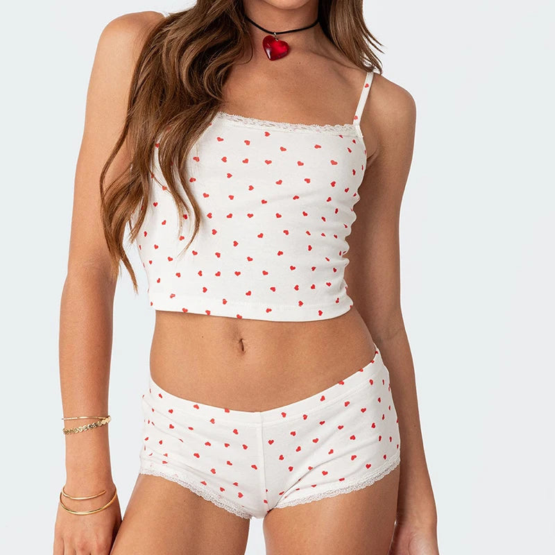 Cyflymder  Fairy Y2K 00s Vintage 2 Piece Kawaii Skull Print Pajama Set Lovely White Cami + Mini Shorts Grunge Coquette Lounge