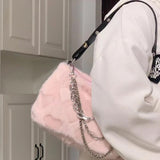 Cyflymder Fashion Women's Chains Shoulder Bag Love Heart Ladies Soft Plush Crossbody Bags Faux Fur Female Clutch Purse Furry Handbags