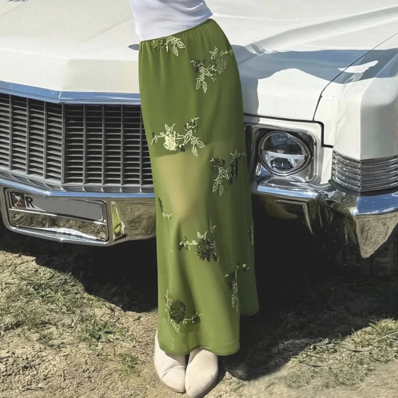 Cyflymder  Sexy Embroidery Sequined Long Skirt Women Solid High Waist Slim Straight Skirts Summer Autumn Lady Chic Beach Vacation Clothes