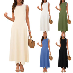 Cyflymder  Loose Straight Summer Dresses For Women Sleeveless Round Neck Solid Patchwork Maxi Long Dress Plus Size Dresses For Curvy Women