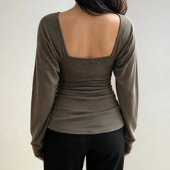 Cyflymder   Fashion Folds V-neck Solid Long Sleeve T-shirts Women Chic Slimming Waist Versatile Crop Tops Autumn Basic Backless Clothes