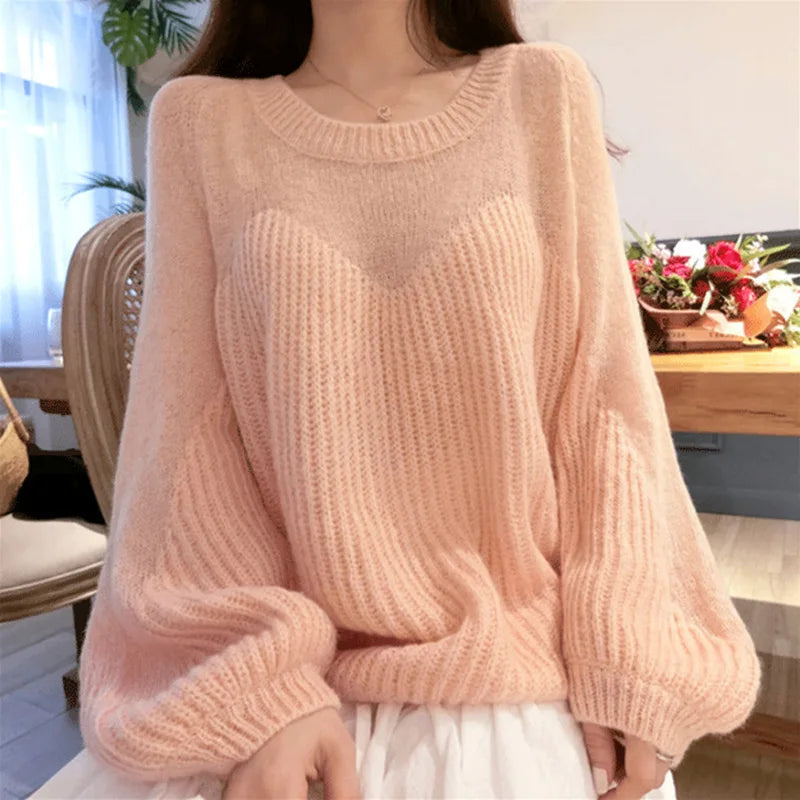 Cyflymder  Lazy Style Knitted Sweater Women Autumn Winter Loose Hollow Out Lantern Sleeve Pullover