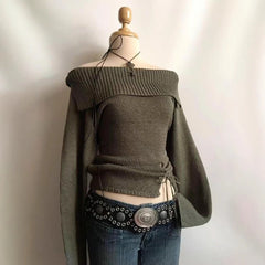 Cyflymder  Vintage American Spice Women Off The Hsoulder Knitted Sweater Y2k Sexy Lrregular Split Drawstring Jumper Y2k Punk Pullover