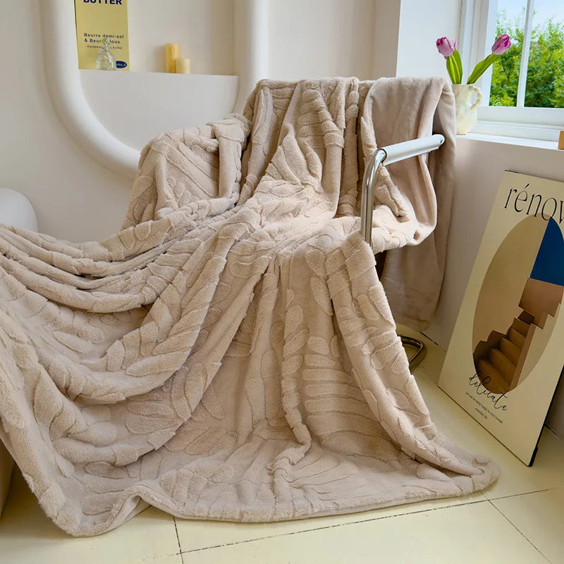 Cyflymder  Solid Banana Leaf Jacquard plush blankets Double Layered Thick Faux Rabbit Fur Bedspread Multi-Functional Office Nap Blanket