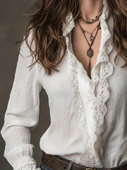 Cyflymder  Euramerican High Street Fashion Spliced Lace Edge Women Blouse Y2k Thin All Match Single Breasted Loose Shirts Harajuku Punk Top