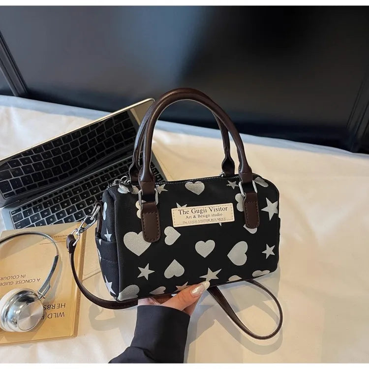Cyflymder  Harajuku Style Heart Star Print Canvas Bag Women Sweet Cute Boston Bag Ladies Versatile Fashion Trendy Handbag Y2k Aesthetic New