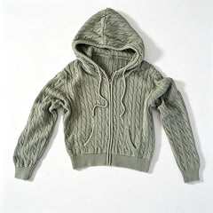 Cyflymder  Women Cable Knit Zip‑Up Hooded Cardigan Cropped Long Sleeve Sage Green Pocket Fall Ladies Knit Jacket