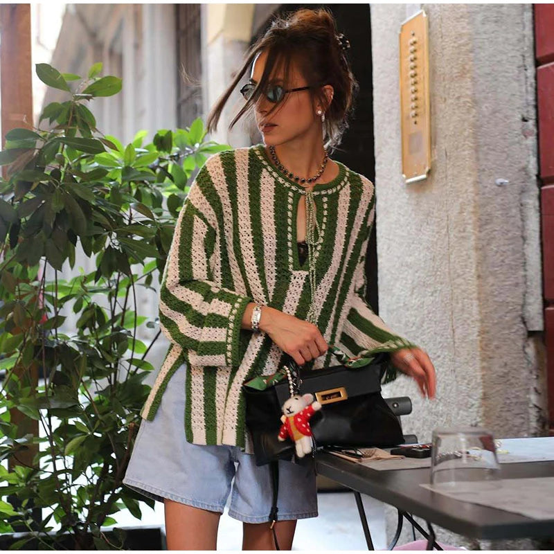 Cyflymder  Elegant Knitted Stripe Pullover Women Loose Long Sleeve V-neck Lace Up Contrast Sweater Female 2025 Fashion Autumn Street Top