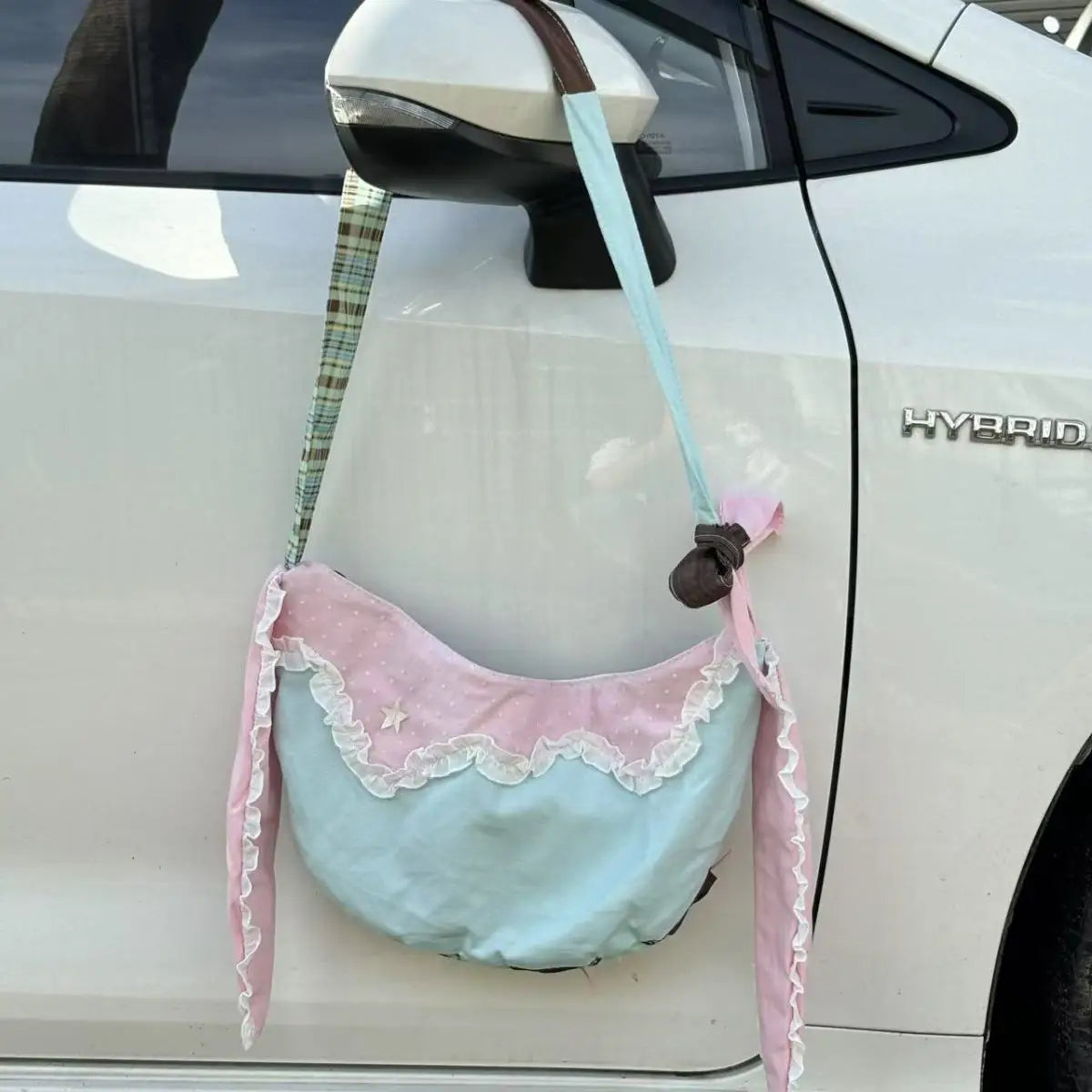 Cyflymder  Harajuku Y2k Aesthetic Ins Underarm Bag Women Contrast Color Plaid Rabbit Ear Canvas Bag Grunge Patchwork Lace Shoulder Handbags