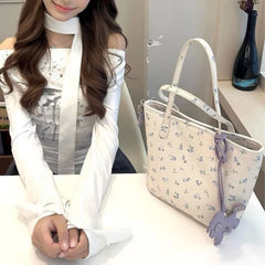 Cyflymder  Floral Market Tote Bag Women Cartoon Purple Charm Cute Shoulder Purse Ladies Leather Large Capacity Commuter Handbag 2025 New