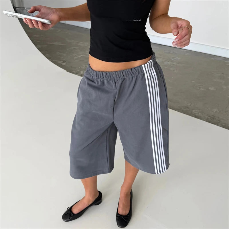 Cyflymder   Women Y2K Vintage Loose Baggy Bermuda Jogger Shorts Side Stripes Knee Length Sweatpants Elastic Waist Sports Loungewear Bottom