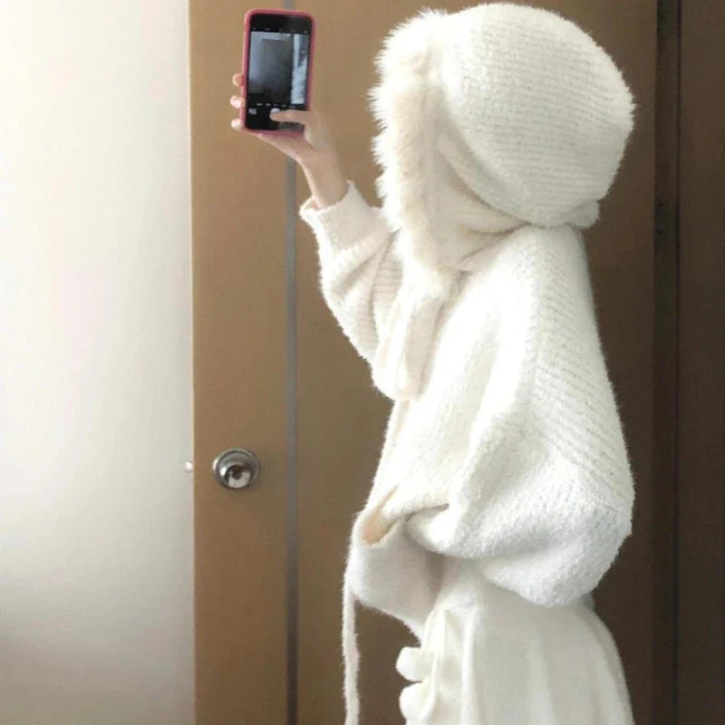 Cyflymder Kawaii Sweet Knitted Cardigan Women Elegant Zip Up Hooded Cardigan Cute Japanese Style Solid Autumn Winter Sweater Coat