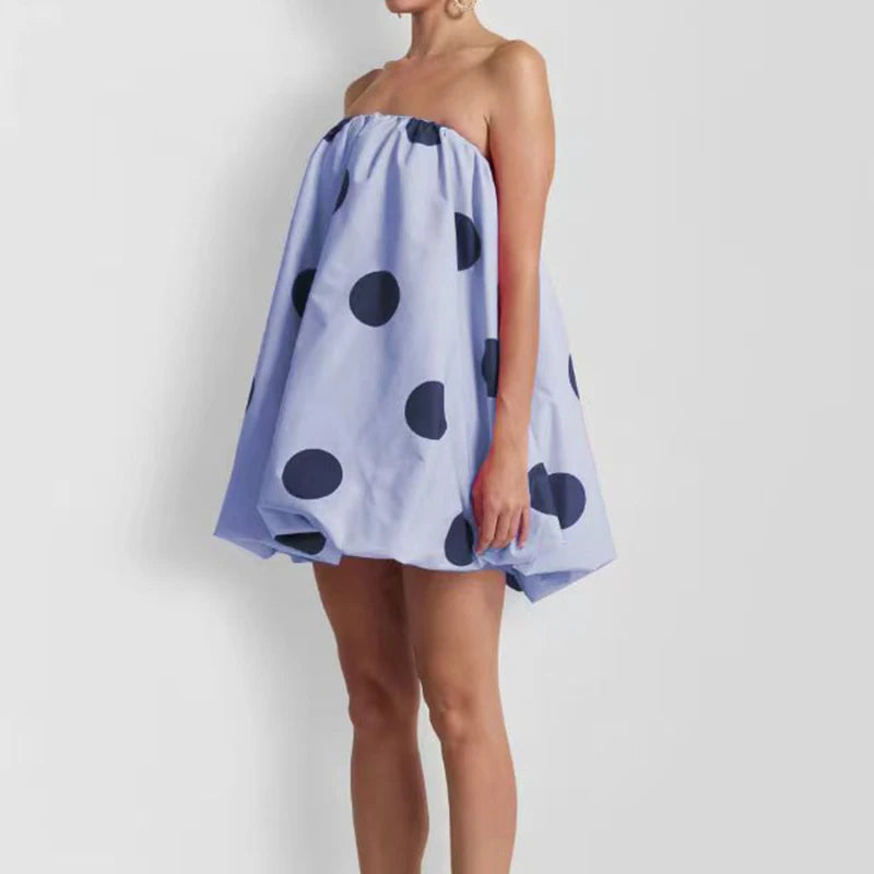 Cyflymder  Women Elegant Hight Waist Loose A-Line Dress Sexy Off Shoulder Strapless Short Dress Retro Polka Dot Print Sleeveless Mini Dress