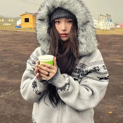 Cyflymder  Retro Preppy Jacquard Sweater Jacket Autumn Winter Casual Hooded Knitted Coat Women Loose Imitation Fur Zipper Outerwears A174