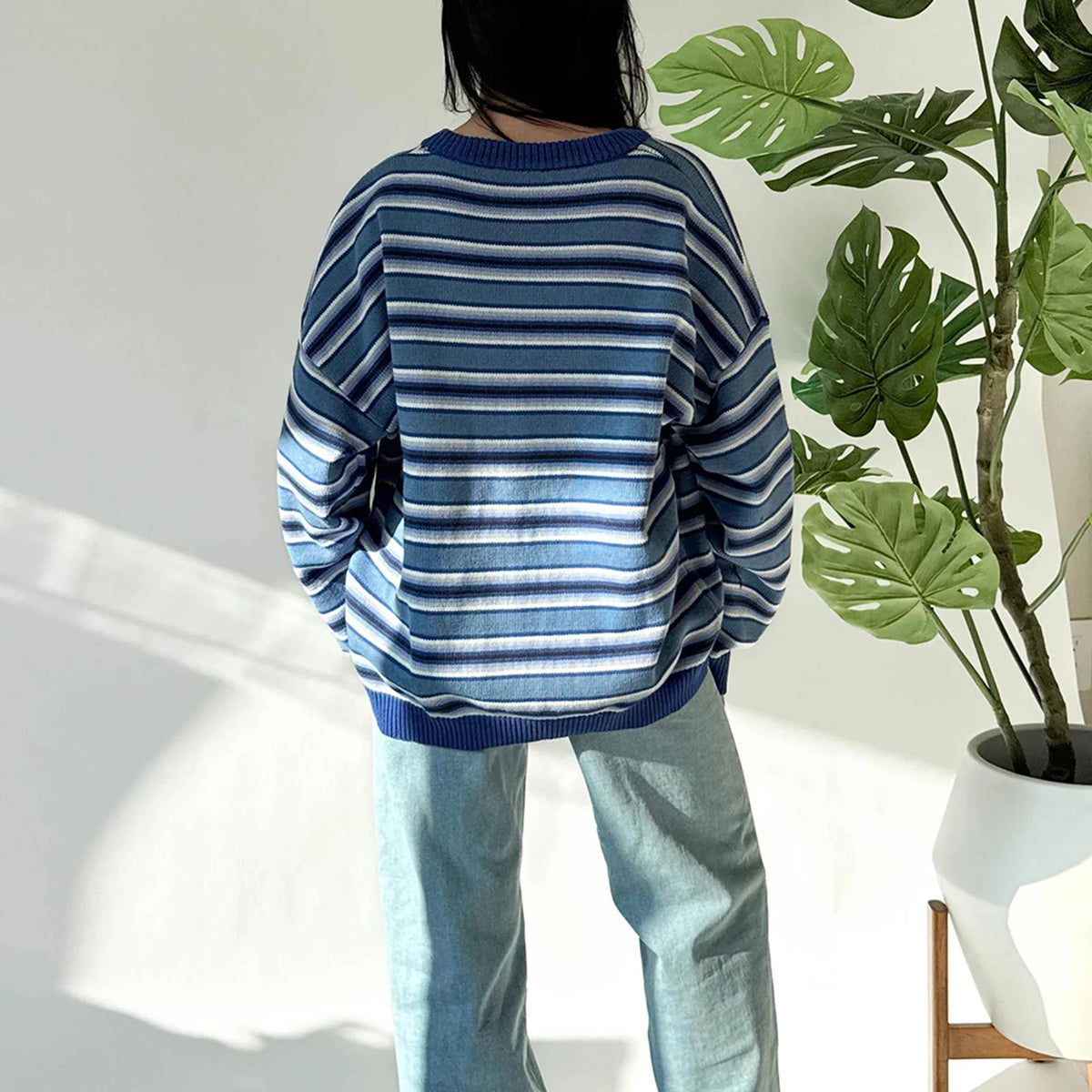 Cyflymder  Casual V-Neck Sweater Women s Loose Knit Pullover Long Sleeve Striped Jumper Autumn Winter Warm Knitwear Tops for Ladies