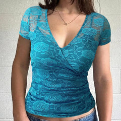 Cyflymder  Vintage V-neck Slimming Short Sleeve Lace T-Shirts Women's Sexy Sheer Double Layers Hook Floral Top Tees Fashion Clothes