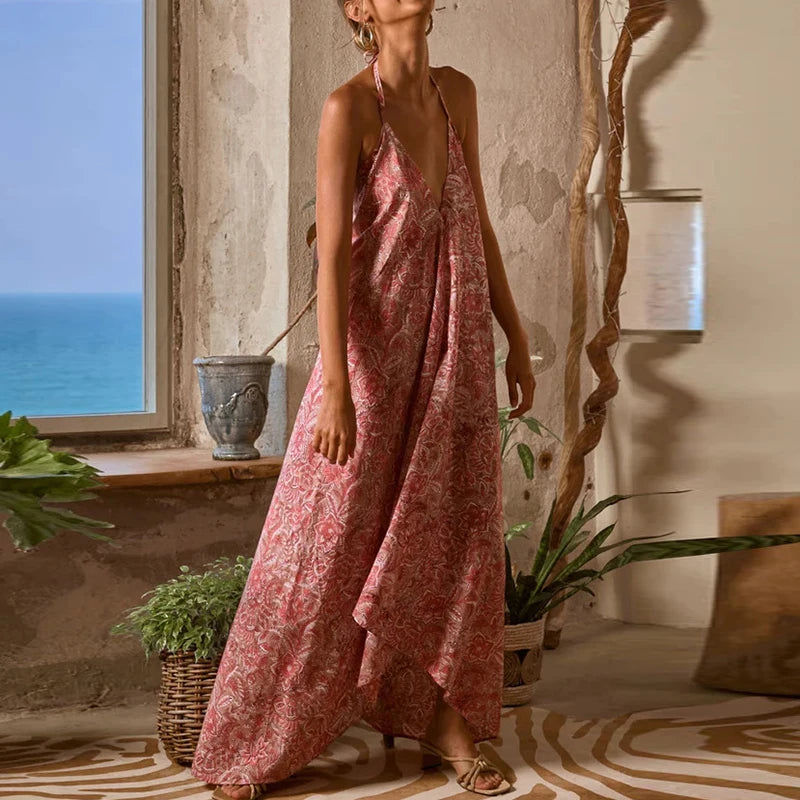 Cyflymder  Sexy Dress Vintage Floral Print Halter Women's Long Dress Fashion Hollow Out Backless Party Dress Bohemian Sleeveless Suspender