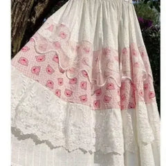 Cyflymder  Vintage A-line Casual Skirt Women Spring Summer Sweet Chic Splice Lace Pig Print Big Swing Elastic Waist Skirts Cute 272B