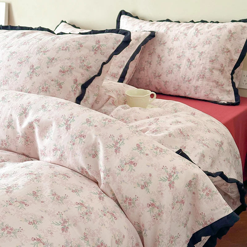 Cyflymder  Korean Princess Floral Ruffles 100% Cotton Double Layer Yarn Soft Bedding Set Single Queen King Duvet Cover Bed Sheet Pillowcase