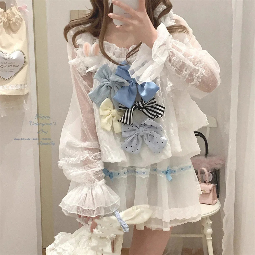 Cyflymder  See Through Long Sleeve Japanese Shrugs Autumn Mesh Ruffle Sweet Cropped Jacket Thin Air Conditioning Shirt Short Sun Protection