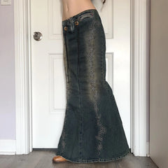 Cyflymder  Autumn new low waisted drawstring casual embroidered retro vintage denim skirt